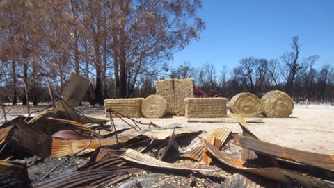 Bales of hay next to a burnt out shed.