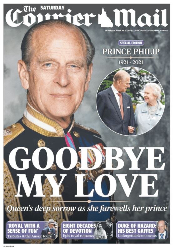 The front page of the Courier Mail newspaper the day after the death of Prince Philip.