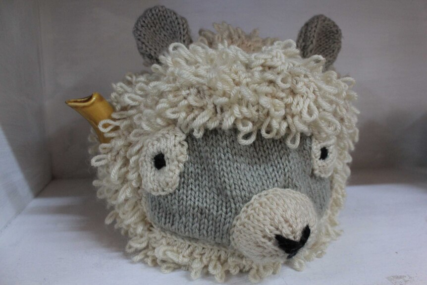 Hand knitted sheep tea cosy on shelf