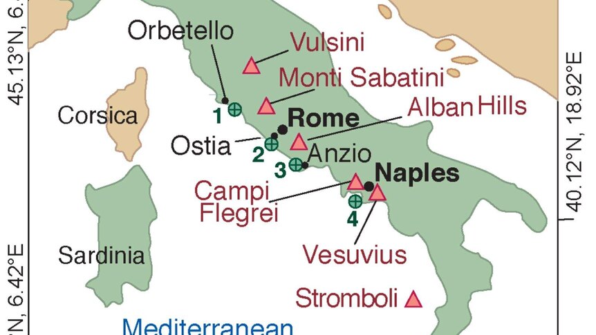 A map of Italy indicating where the researchers drilled for concrete
