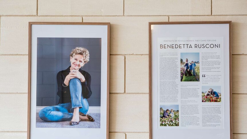Two frames side by side containing photos of Benedetta, in front of a brick wall background