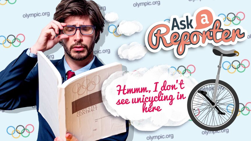 Joe ponders "Hmmm, I don't see unicycling in here" as he pretends to read the Olympic host city contract.