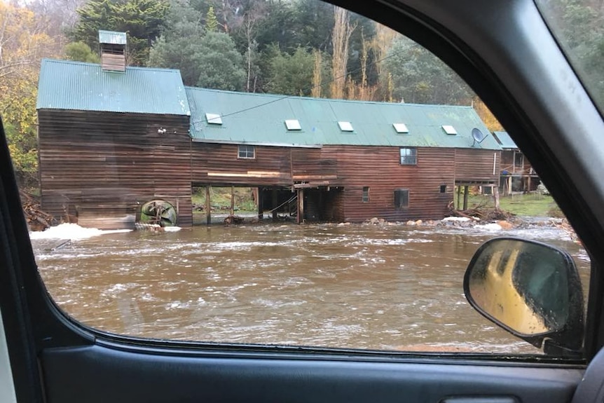 A building at Molesworth, Tasmania, in inundated by floodwater, May 11, 2018.