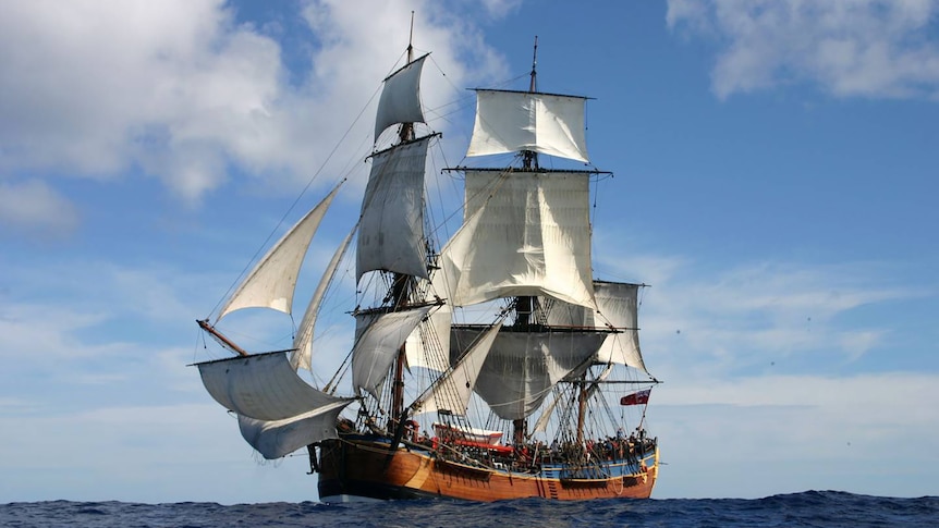 A replica of HMB Endeavour at full sail in Sydney Harbour