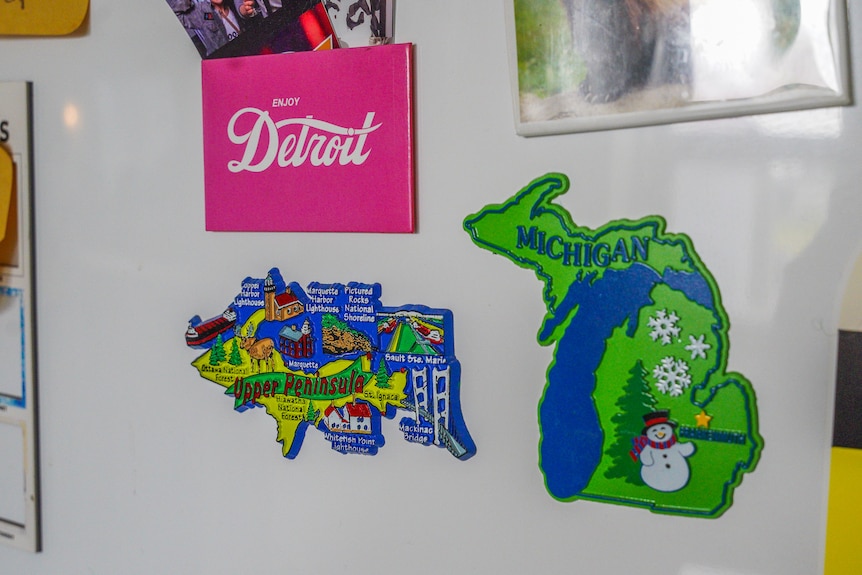 Three colourful magnets celebrating Detroit and Michigan on a white fridge door.