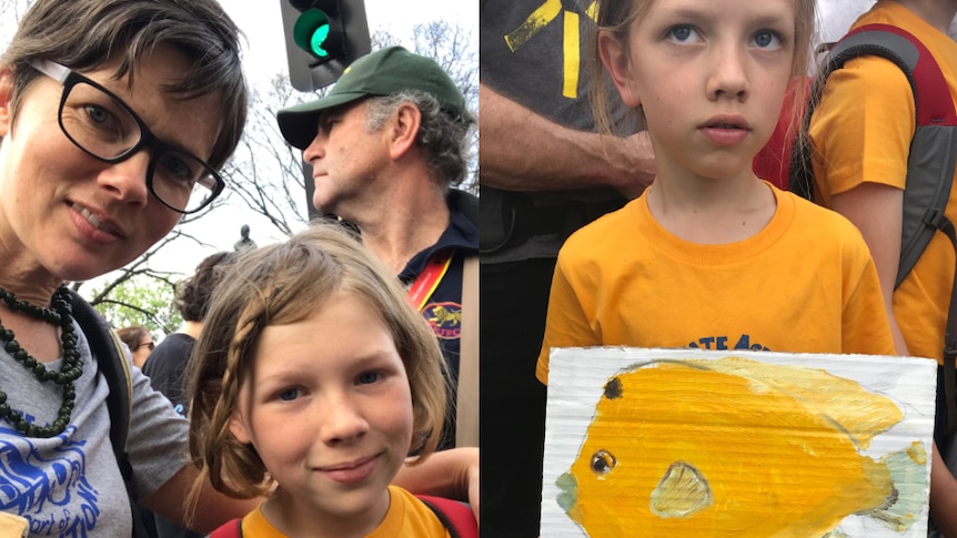 Two photos laid out side-by-side. First photo is of a mum with her daughter at climate protect and boy holding a sign.