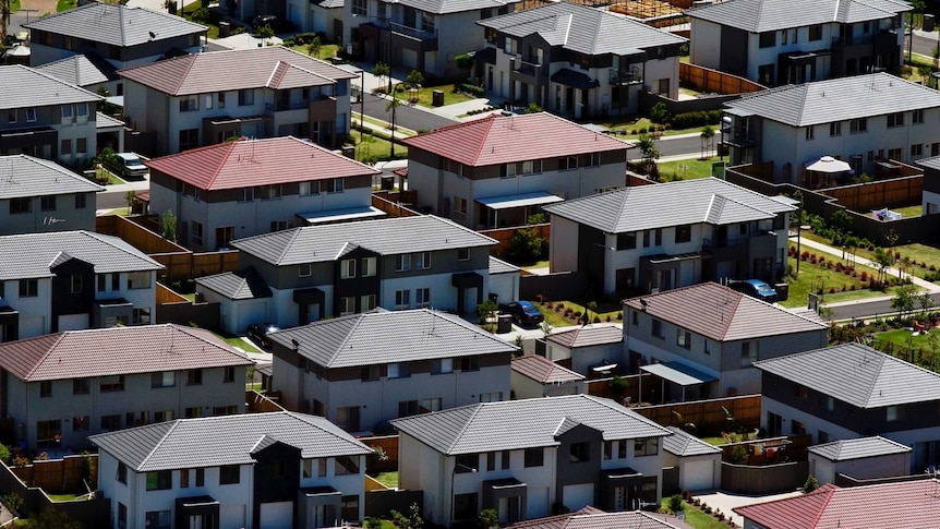 A row of houses viewed from the air.