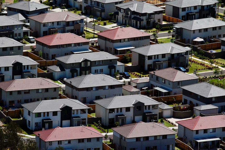 A row of houses viewed from the air.