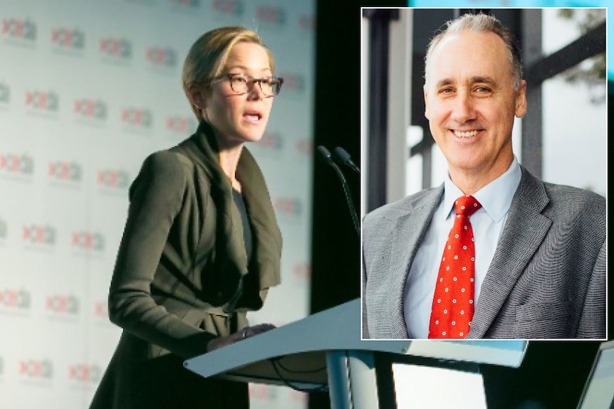 Emma Roberts speaking at a lectern with an inset photo of David Honey wearing a grey suit and red tie.