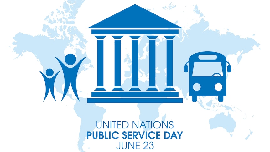 United Nations Public Service Day illustration: People, bank building and bus silhouette icon set. June 23 of every year.