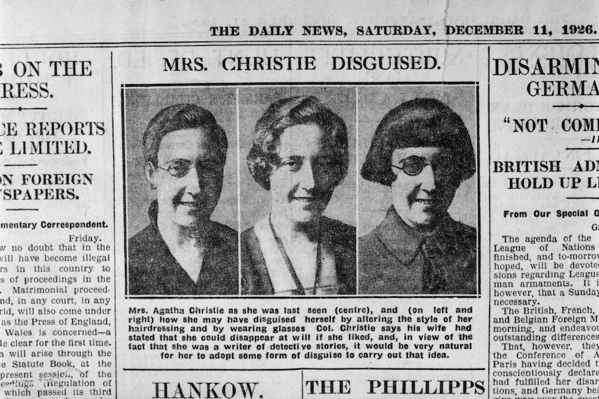 A newspaper article showing Agatha Christie in potential disguises 