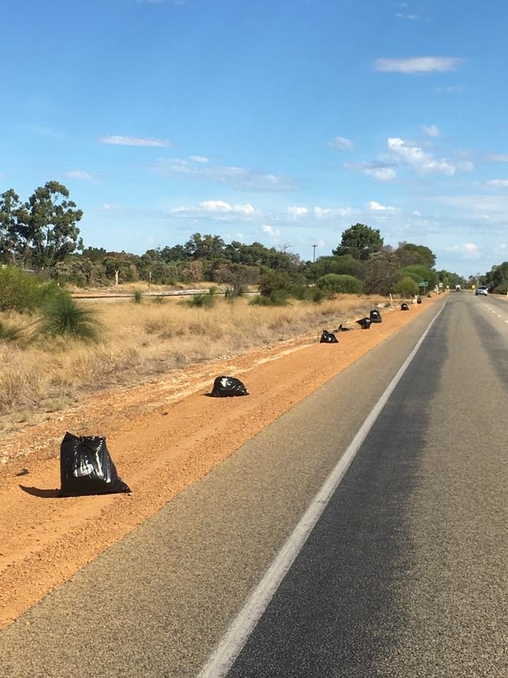 Rubbish bagged on the Brand Highway north of Perth