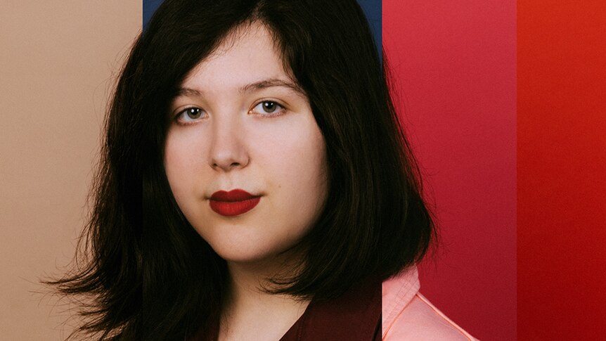 Portrait of singer-songwriter Lucy Dacus against a thick striped background