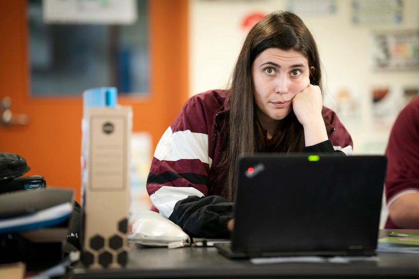 A teenage girl with long brown hair sitting at a desk behind a laptop with her head resting on one hand. Her eyebrows raised