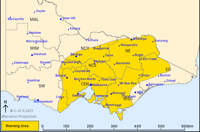 A map of Victoria showing the area of a severe weather warning.