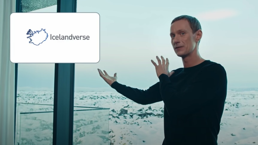 A Mark Zuckerberg lookalike narrator parodies the Metaverse concept in promoting the real Icelandverse