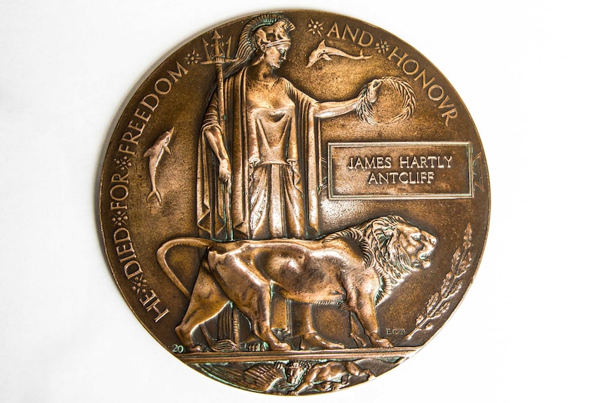 A bronze medallion sits on a white backdrop.