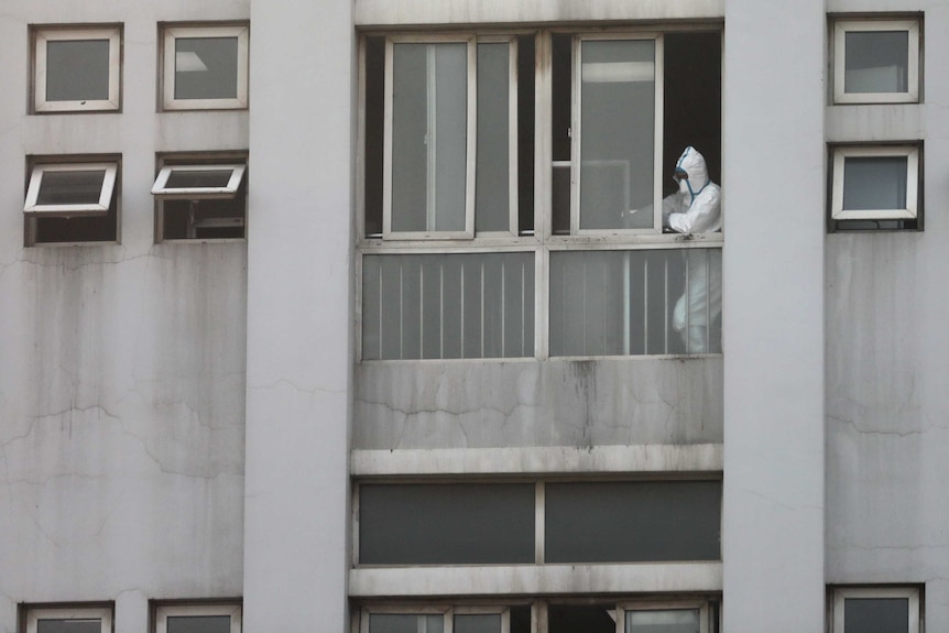 A person wearing a white biohazard suit leans on a window of a high-rise building.