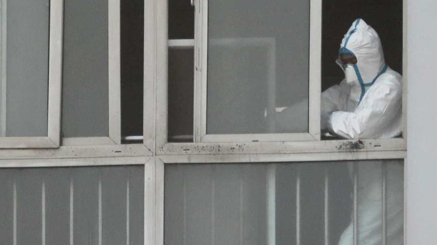 A person wearing a white biohazard suit leans on a window of a high-rise building.