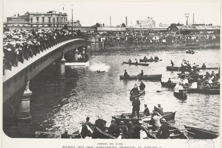 Harry Houdini splashes into the Yarra River as crowds watch on from the bank, a bridge and boats.