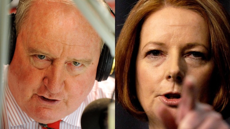 A composite image showing broadcaster Alan Jones at his microphone and former Prime Minister Julia Gillard at a press conference
