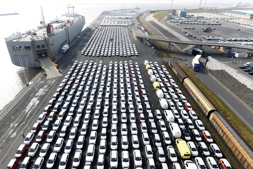 Volkswagen export cars are seen in the port of Emden, beside the VW plant, Germany