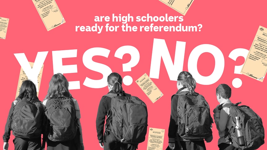 High school students holding backpacks walking away from camera - referendum ballot papers fall from the sky.