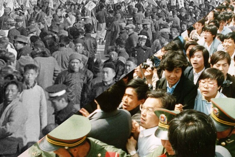 A composite image showing the May 4 protests of 1919, and the pro-democracy protests at Tiananmen Square in 1989.
