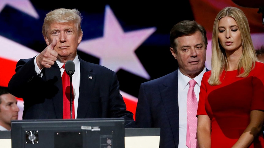 Donald Trump gives a thumbs up alongside former campaign manager Paul Manafort in July 2016.