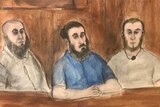 An artist's sketch of Hatim Moukhaiber, Abdullah Chaarani and Ahmed Mohamed.