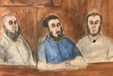 An artist's sketch of Hatim Moukhaiber, Abdullah Chaarani and Ahmed Mohamed.