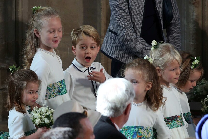 The bridesmaids and page boys, including Prince George and Princess Charlotte, arrive for the wedding of Princess Eugenie.