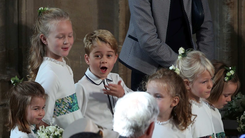 The bridesmaids and page boys, including Prince George and Princess Charlotte, arrive for the wedding of Princess Eugenie.