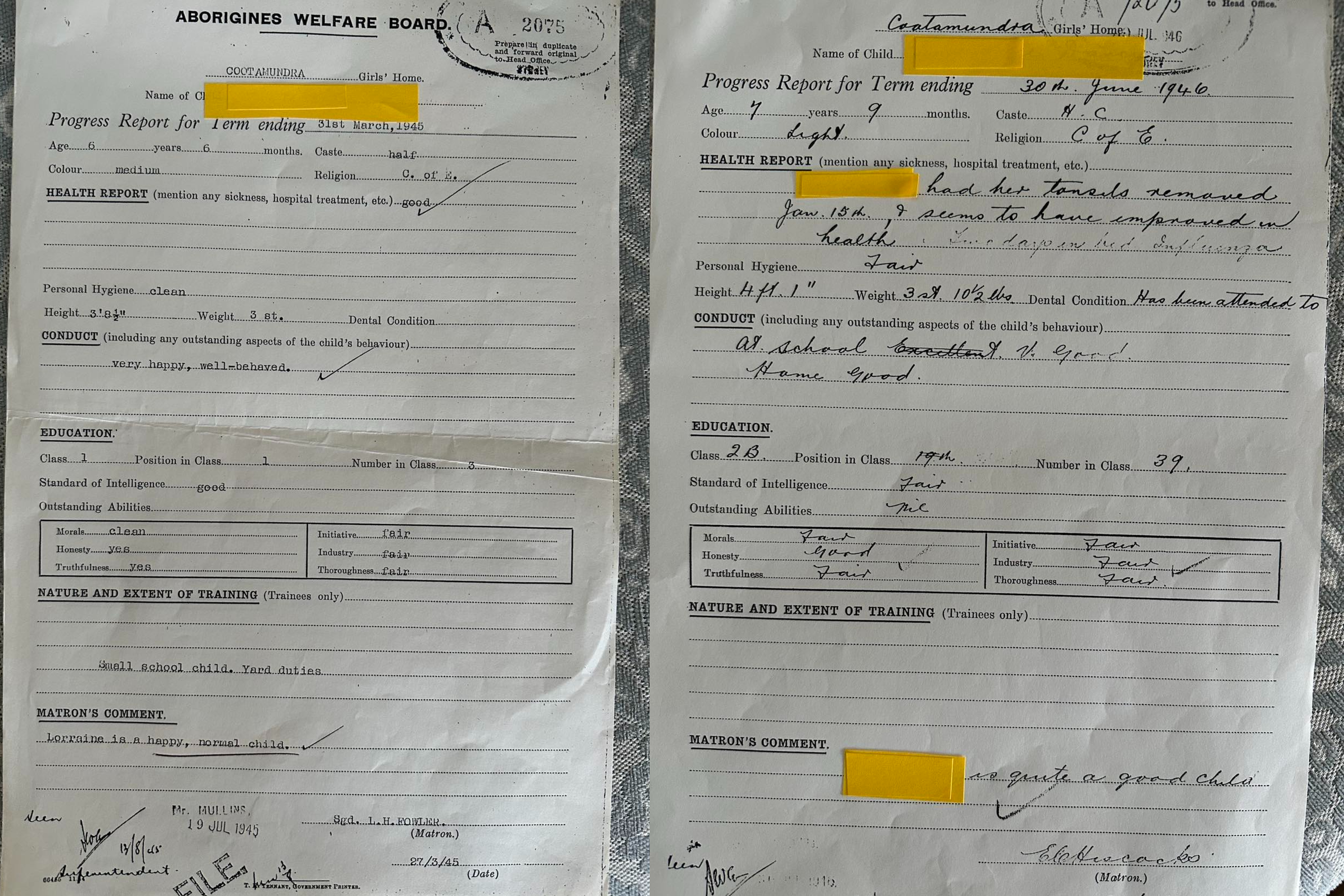 Two of Lorraine Peeters' report cards from the Aboriginies Welfare Board side-by-side