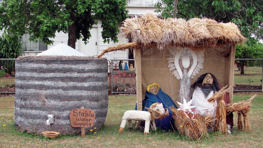 A nativity scene made from, among other things, hay bales, sits outside a house in Tarrington.