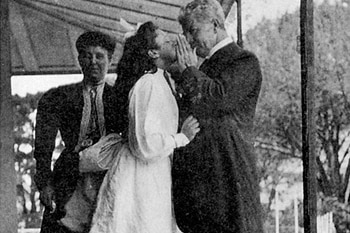 Black and white photo of Edmund Barton with his daughter and wife.