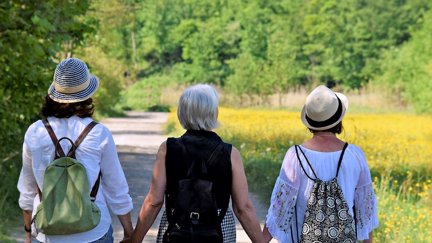 Three older women with their backs to the camera going for a walk in the countryside.