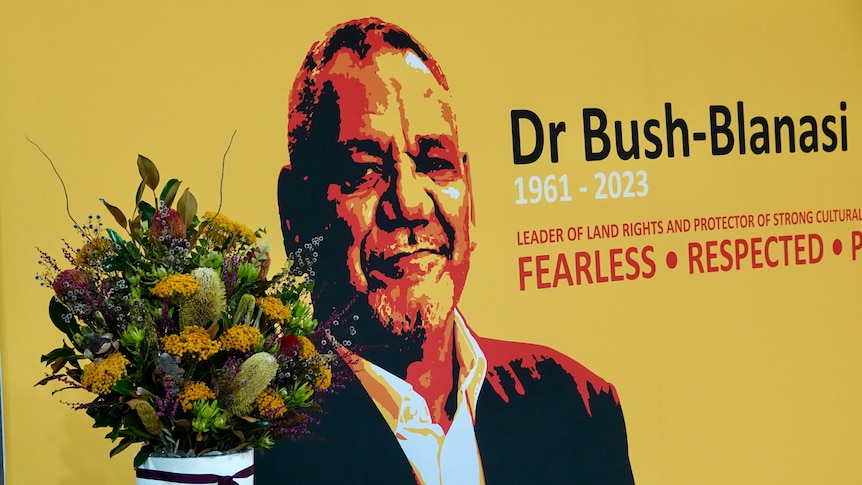 A yellow banner showing the face of Dr Bush-Blanasi, with a vase of flowers in the foreground.