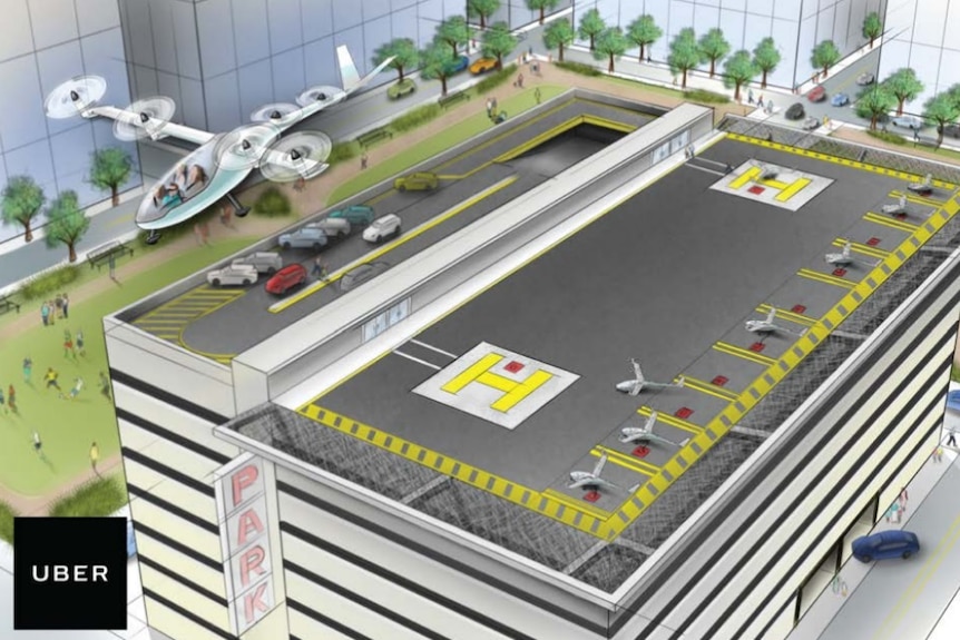 Mock-up of Uber's flying car flying over a building
