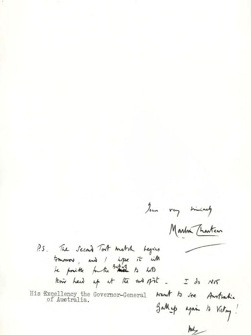 A letter from Martin Charteris to John Kerr discussing the cricket