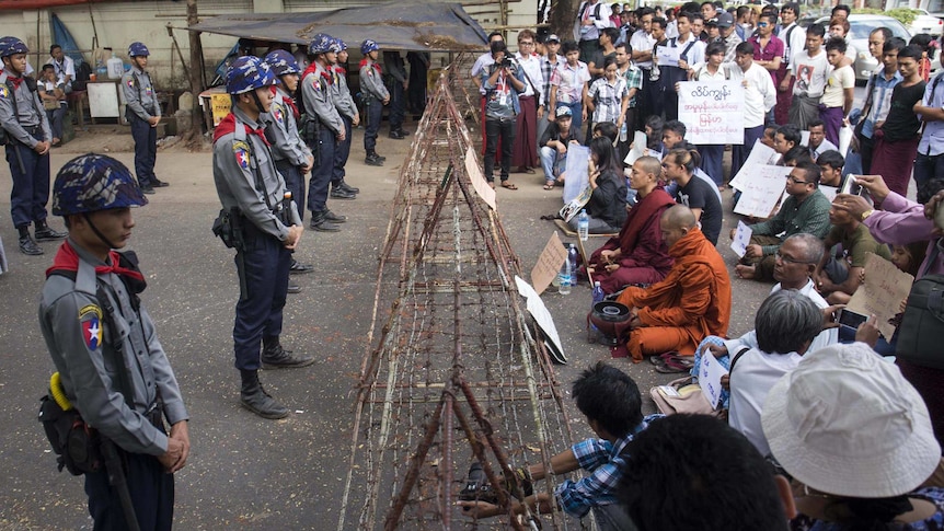 Protest outside Thai embassy in Yangon, Myanmar