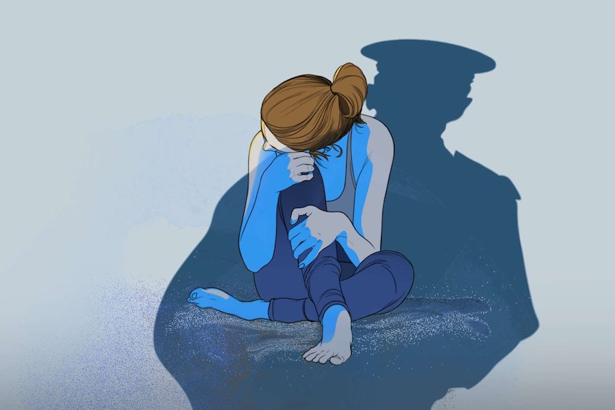 An illustration shows a woman crouched in the shadow of a police officer