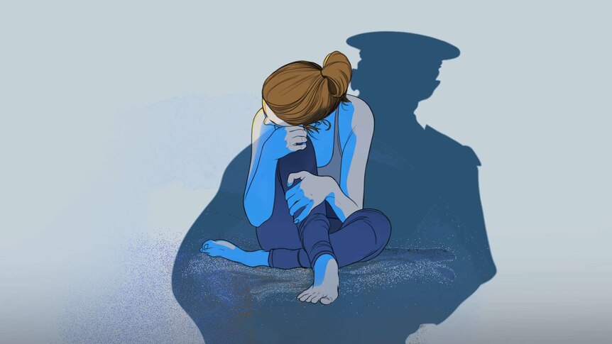 An illustration shows a woman crouched in the shadow of a police officer