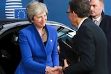 Theresa May shakes a man's hand after leaving a car
