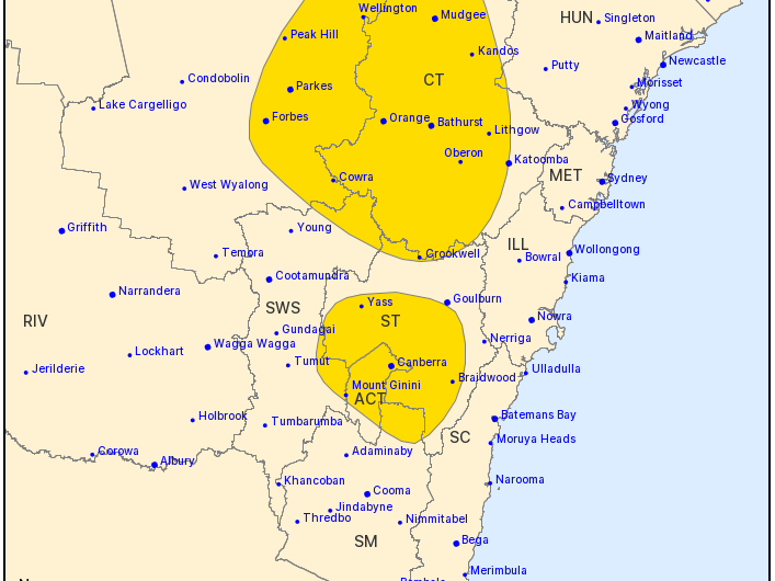 A map of NSW highlighting areas where storm warnings have been issued.