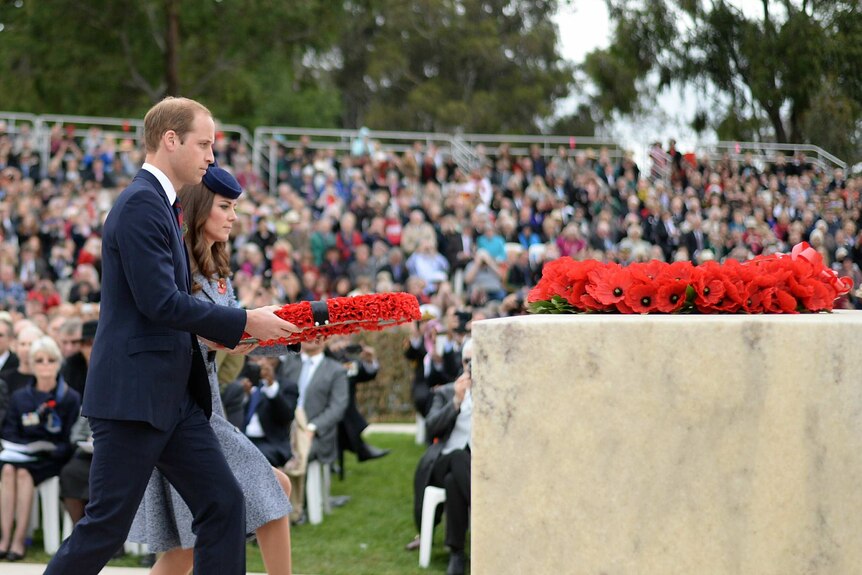 The Duke and Duchess of Cambridge lay a wreath during the Anzac Day ceremony at the Australian War Memorial.