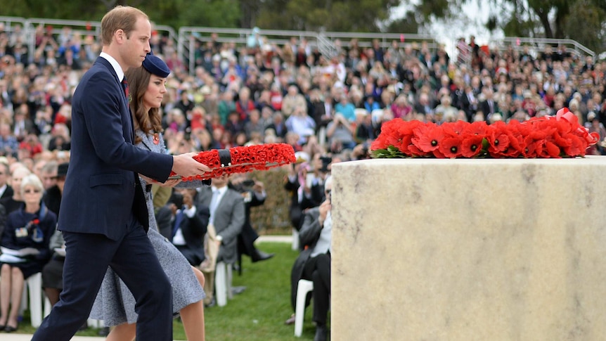 The Duke and Duchess of Cambridge lay a wreath during the Anzac Day ceremony at the Australian War Memorial.