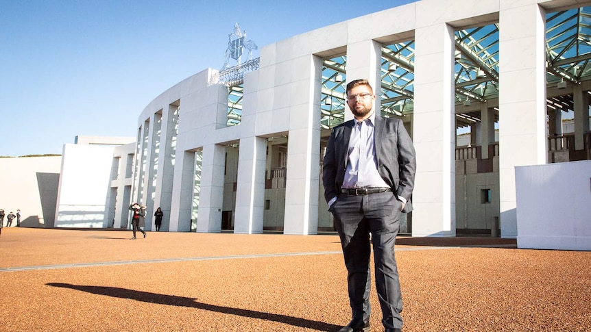 Vaping campaigner Brian Marlow is standing outside Parliament House.