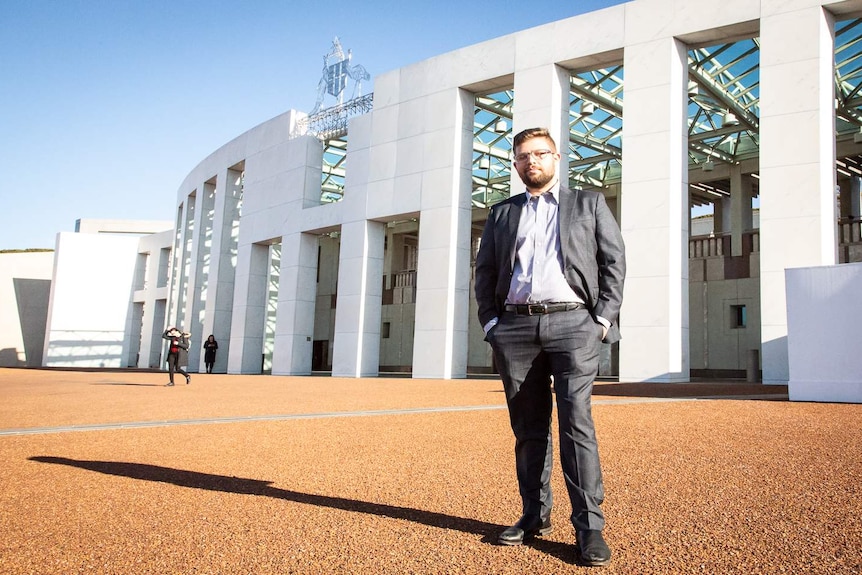Vaping campaigner Brian Marlow is standing outside Parliament House.