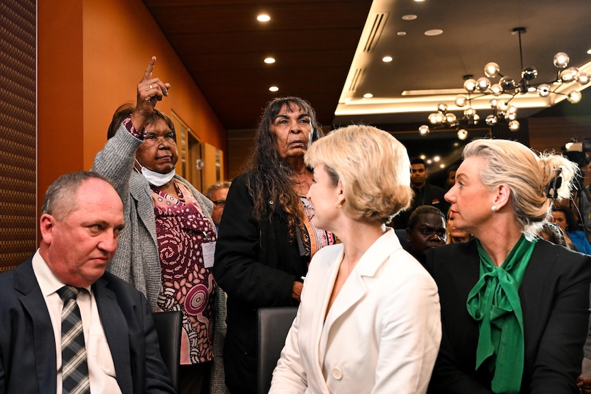 Barnaby Joyce, Michaelia Cash and Bridget McKenzie sitting in front of protesters at the national press club